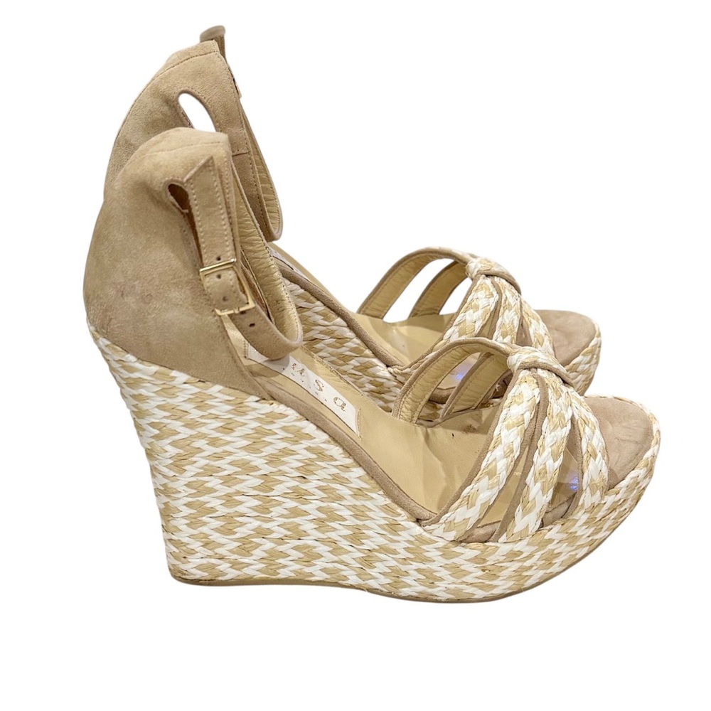 Musa London Italian Raffia Wedge Sandals Size 9 – Neutral Tan & Cream
